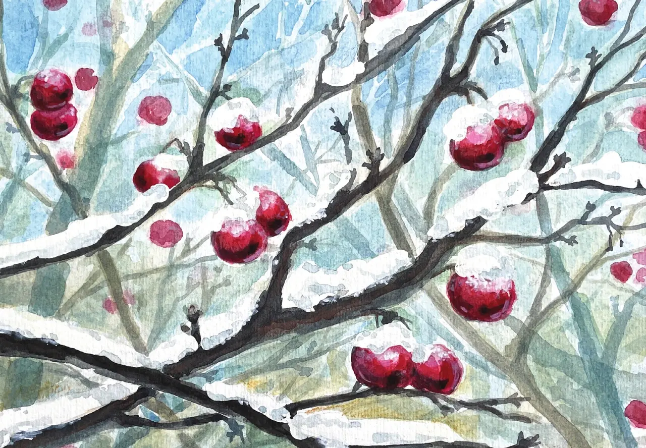 The 2026 holiday card artwork: watercolor snow-covered branches with red berries.